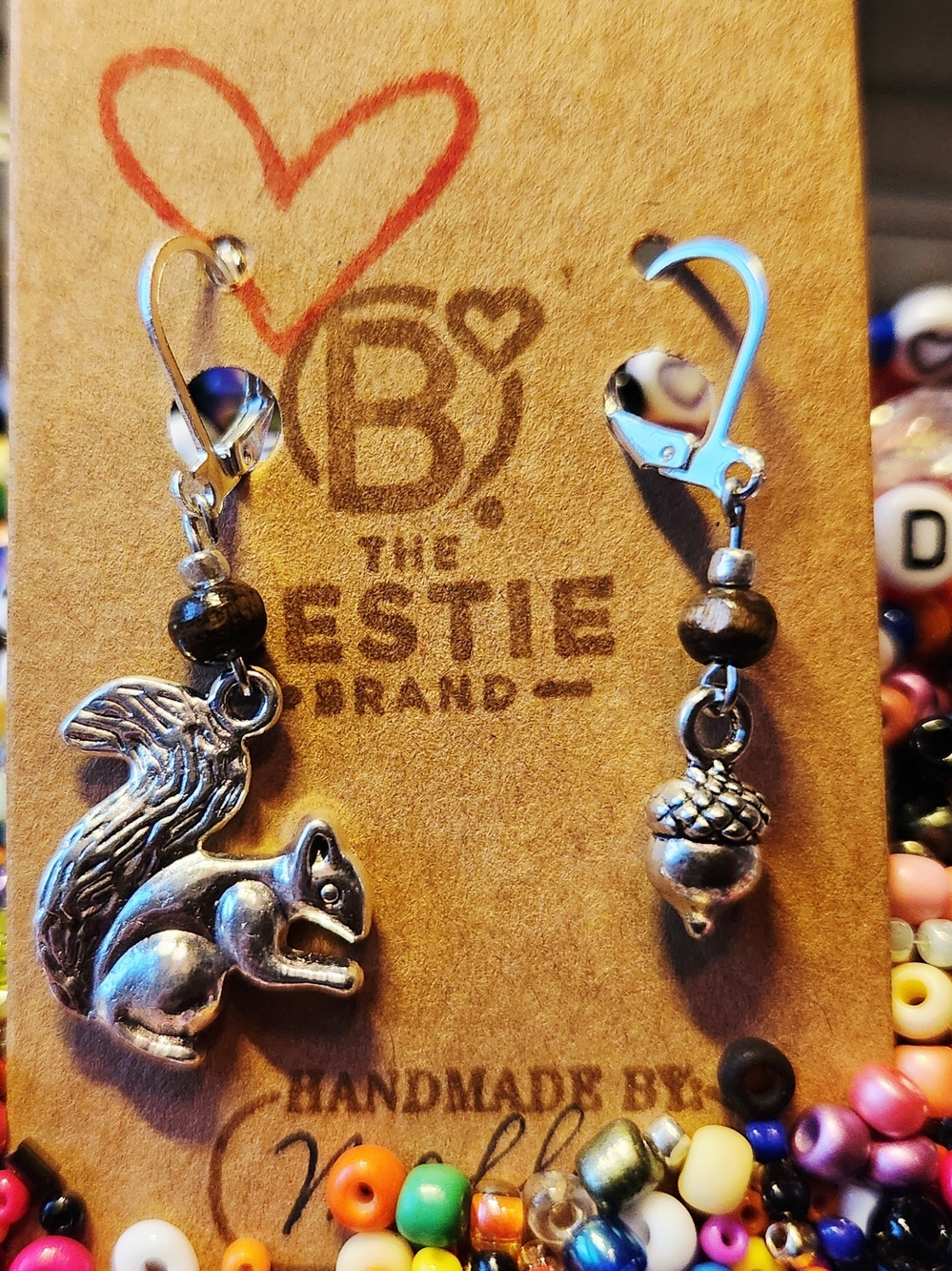 Silver Tone Squirrel & Acorn Earrings - Brown Wood Bead Accents Fall Autumn